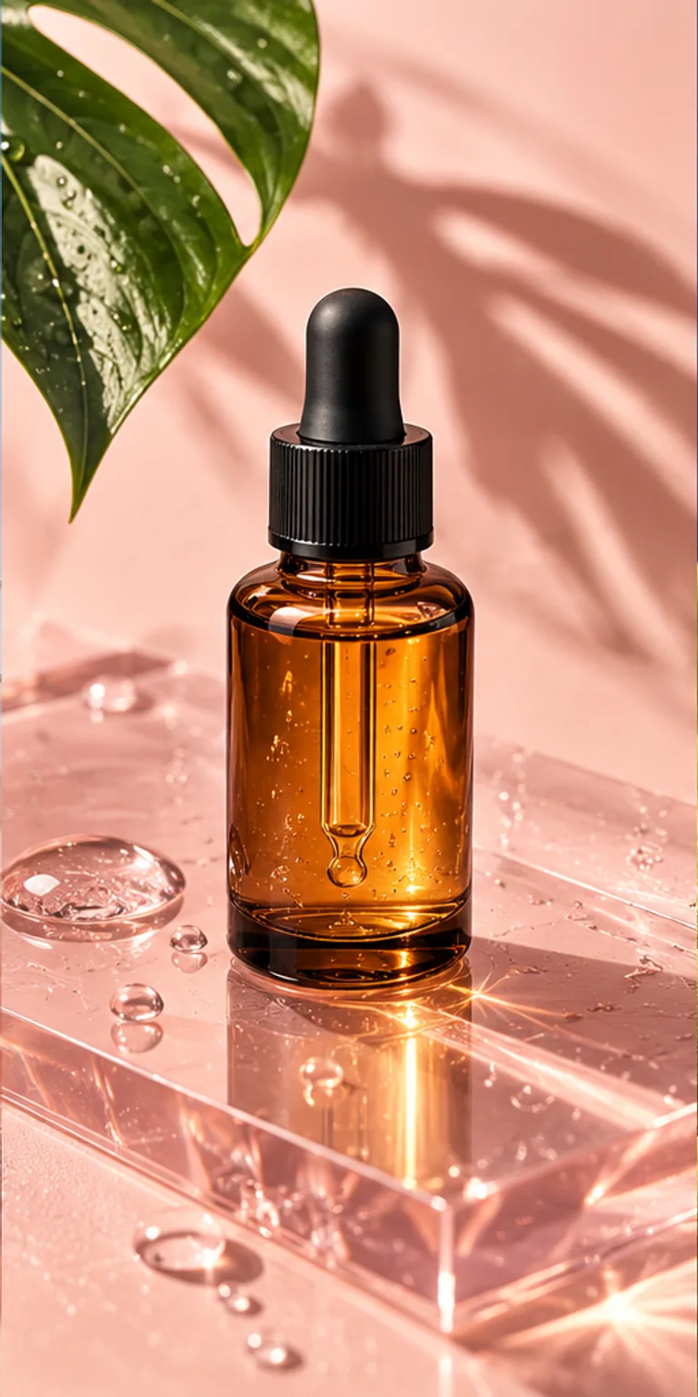 Example beauty campaign with an amber dropper bottle on pink acrylic